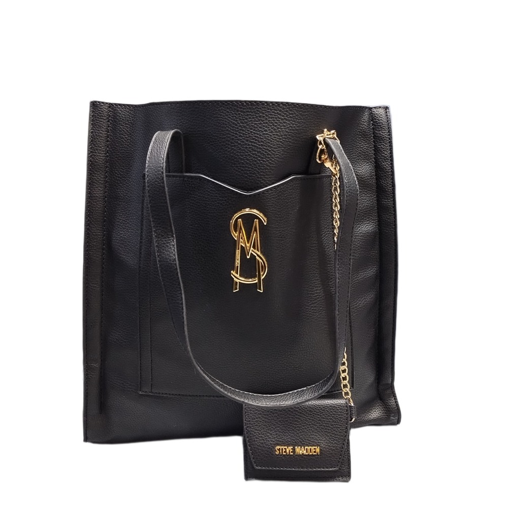 Steve Madden Tote Bag Women Black Pebbled Leather Double Handles with Coin Purse